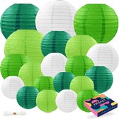 Fissaly 20 Stuks Lampionnen Set Versiering Groen & Wit – Feest Decoratie – Verjaardag, Jungle & Safari Thema - Papier
