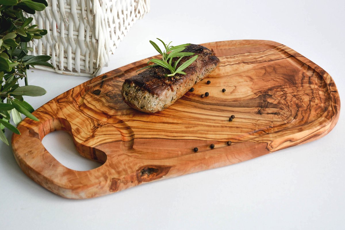Steakplank met handvat & sapgleuf (lengte 35 cm) olijfhout steak plank chacuterie vlees