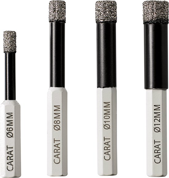 Vier Carat droogboren met diameters 6mm, 8mm, 10mm en 12mm. Zilvergrijs diamant op zwarte schacht.