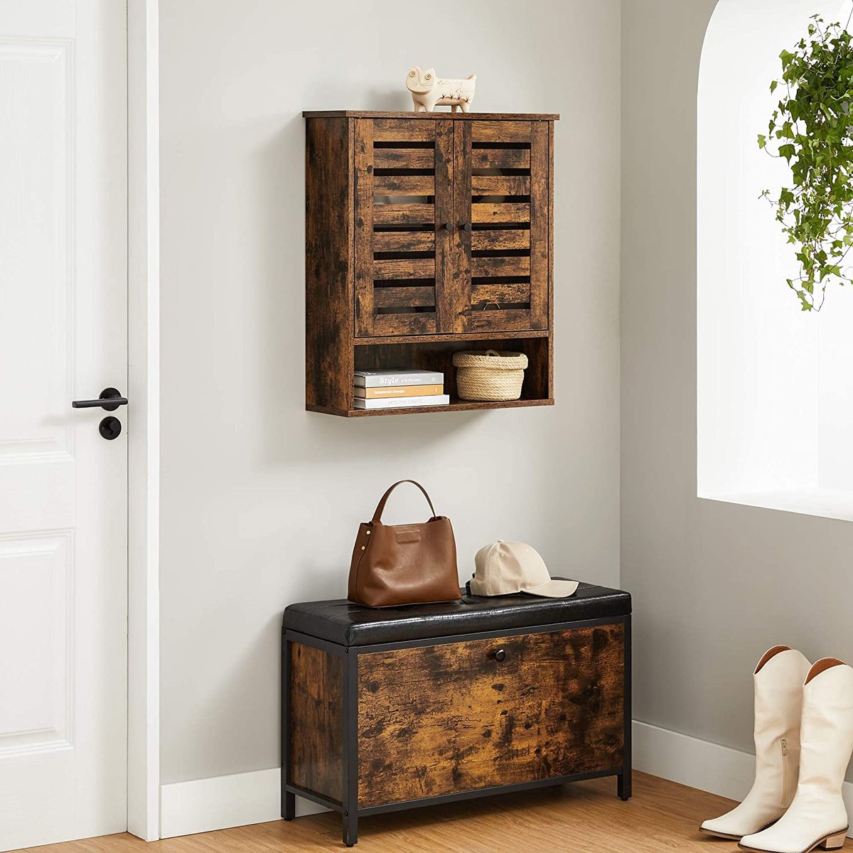 Giantex Badkamerkast, wandkast, badkamerkast met 6 open vakken, spiegel en deur en plank, verstelbare opbergkast voor toilet, woonkamer, 60 x 16,5 x 70 cm (wit
