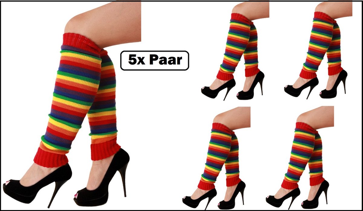 5x Paar Beenwarmers regenboog kleuren - been warmer carnaval gay pride cheerleader voetbal hockey unisex festival bier feest apres ski fitness