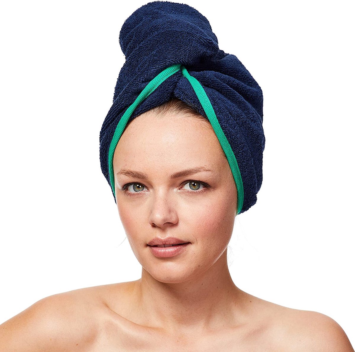 Sowel® Haartulband van 100% biologisch katoen, tulband handdoek met knoop, dames en heren, marineblauw/groen