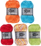 Rio katoen garen pakket -zomerse kleuren, rood, oranje, appelgroen, turkoois - 10 bollen van 50 gram - pendikte 3 - 3,5 mm