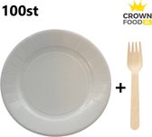100st papieren bord rond 30cm + houten vorken - wegwerp bestek/servies - Crown Food XL®