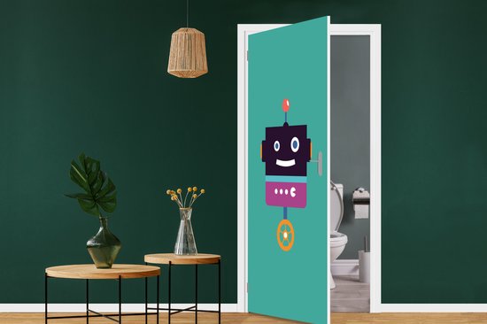 Deursticker kinderen - Sticker voor kids - Kinderkamer decoratie - Robot - Wiel - Paars - Groen - Jongens - Kids - 80x205 cm