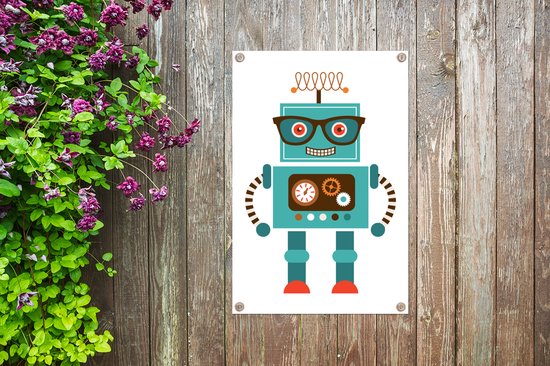 Tuinposter 40x60 cm - Tuindecoratie Robot - Bril - Tandwielen - Gezicht - Jongens - Kids - Poster voor in de tuin - Buiten decoratie - Schutting tuinschilderij - Tuindoek muurdecoratie - Wanddecoratie balkondoek