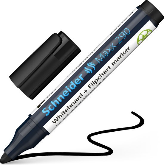 Zwarte Schneider Maxx 290 whiteboardmarker, dop ernaast, met inktspoor.