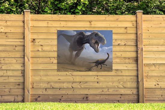 Affiche de jardin Dino - Animaux sauvages - Dessin - Enfants - Garçons - Enfants - 130x90 cm - Décoration murale Extérieur - Affiche de jardin - Toile de jardin - Affiche de clôture - Peinture de jardin