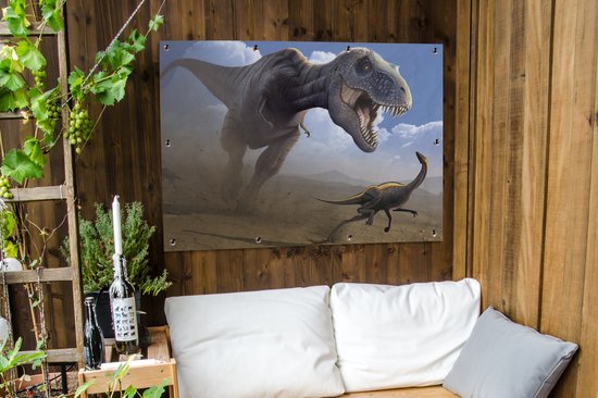 Affiche de jardin Dino - Animaux sauvages - Dessin - Enfants - Garçons - Enfants - 130x90 cm - Décoration murale Extérieur - Affiche de jardin - Toile de jardin - Affiche de clôture - Peinture de jardin