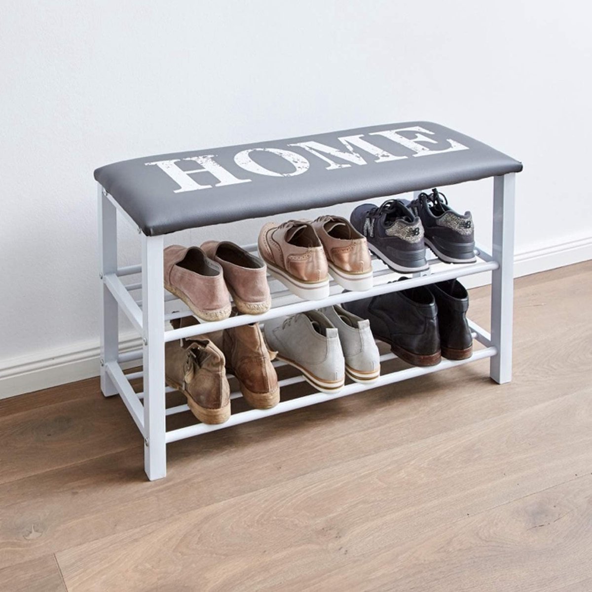 Love it Store it Schoenenrek met bank - Zitting met 2 planken - Ruimtebesparend en stabiel - Grijs/wit met Home letters - 80x30x48 cm Love it Store it Schoenenrek met bank - Zitting met 2 planken - Ruimtebesparend en stabiel - Grijs/wit met Home letters - 80x30x48 cm