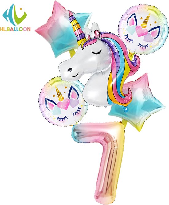 Unicorn Ballonnen Set - Leeftijd: 7 jaar - Themafeest Eenhoorn / Unicorns - Meisjes Verjaardag Versiering / Feestpakket - Unicorn Kinderfeestje - Heliumballon / Leeftijdballon / Folieballon - Feestversiering - Eenhoorn / Paarden Kinderfeestje