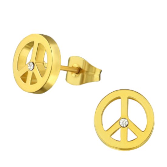 Oorbellen - oorstekers - vredesteken - peace - chirurgisch roestvrij staal - goudkleurig