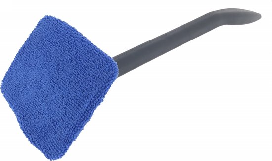 Blauwe microvezelkop aan een gebogen grijze steel.