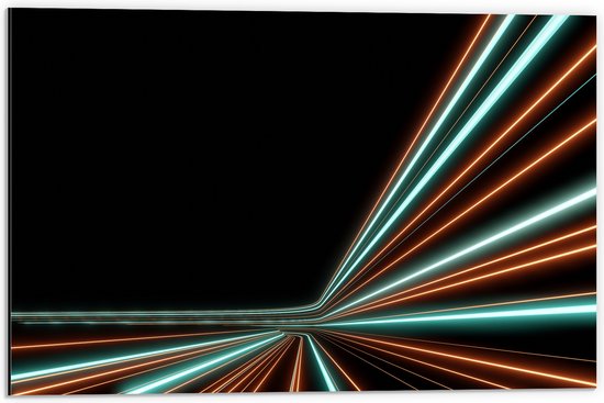 Dibond - Groene en Oranje Kleurige Neon Strepen op Zwartkleurige Achtergrond - 60x40 cm Foto op Aluminium (Wanddecoratie van metaal)