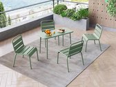 MYLIA Ensemble repas de jardin enfant POPAYAN - Table de jardin avec 4 chaises empilables - Métal - Vert amande L 80 cm x H 55,5 cm x P 39 cm