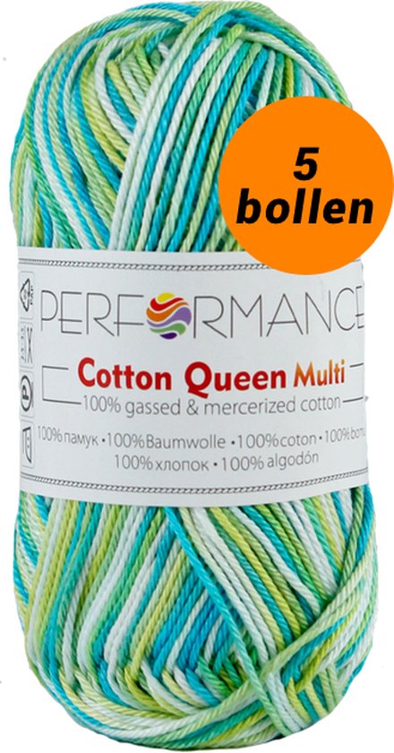5 bollen haakgaren katoen turquoise groen (10401) - Cotton Queen multi garen