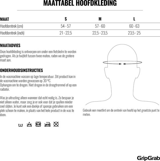 Maattabel en onderhoudsinstructies voor hoofddeksels van GripGrab.