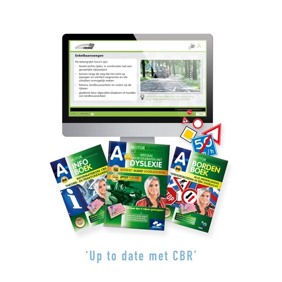 Boeken en computer met CBR theorie-examens voor de motor, inclusief verkeersborden en dyslexie editie.