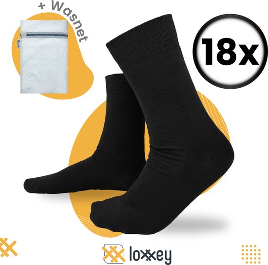 Loxxey® - Katoen - 18 Paar - Heren & Dames - Naadloos - Maat 39-42 - Zwart + Wasnet 33x22cm