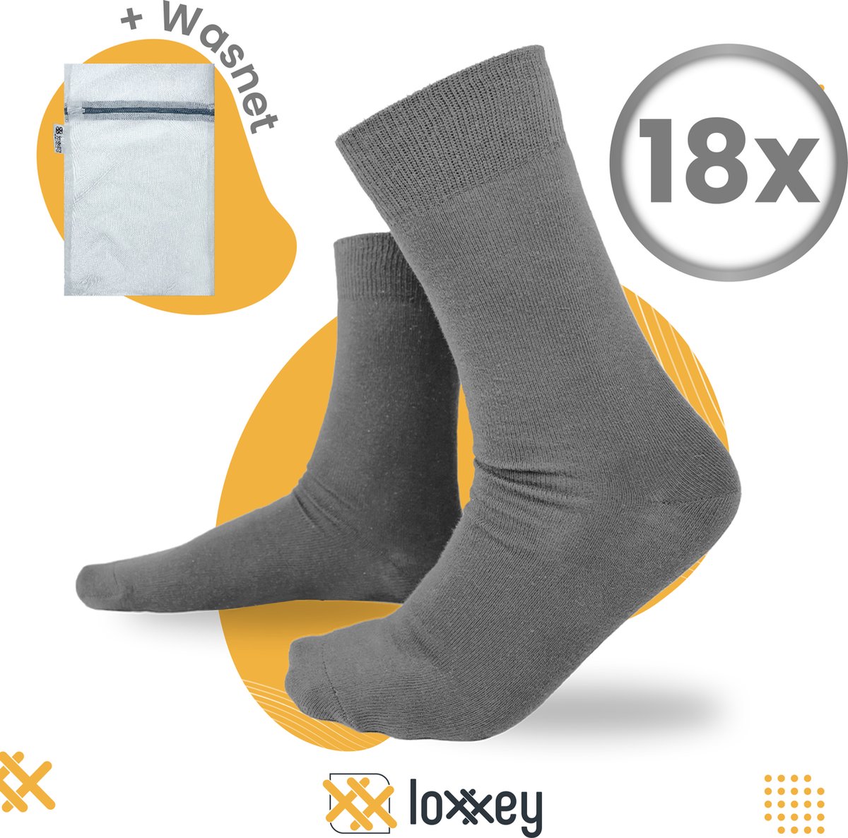 Loxxey® - Katoen - 18 Paar - Heren & Dames - Naadloos - Maat 43-46 - Grijs + Wasnet 33x22cm