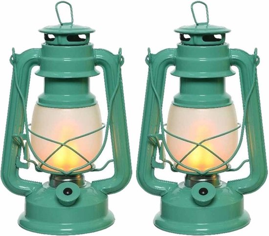Set van 2x stuks turquoise blauwe LED licht stormlantaarns 24 cm met vlam effect - Campinglamp/campinglicht - Vuur LED lamp