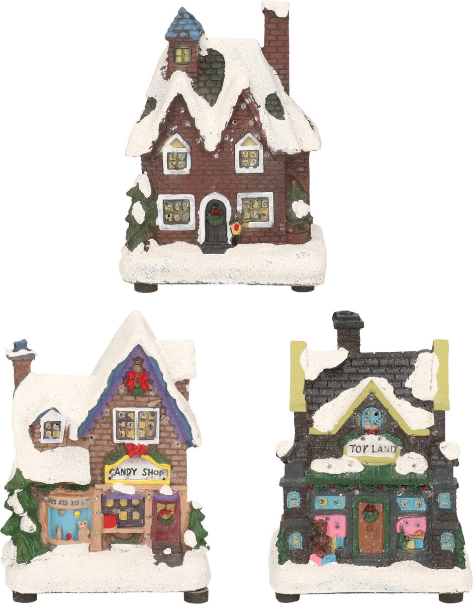 Decoris Kerstdorp huisjes set 3x - LED verlichting - polyresin - 12 cm