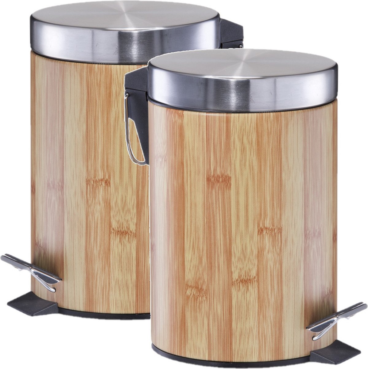 Goedkoopste Zeller kleine pedaalemmer - 2x - badkamer/toilet - 3 liter - houtprint - lichtbruin/zilver - 17 x 26 cm