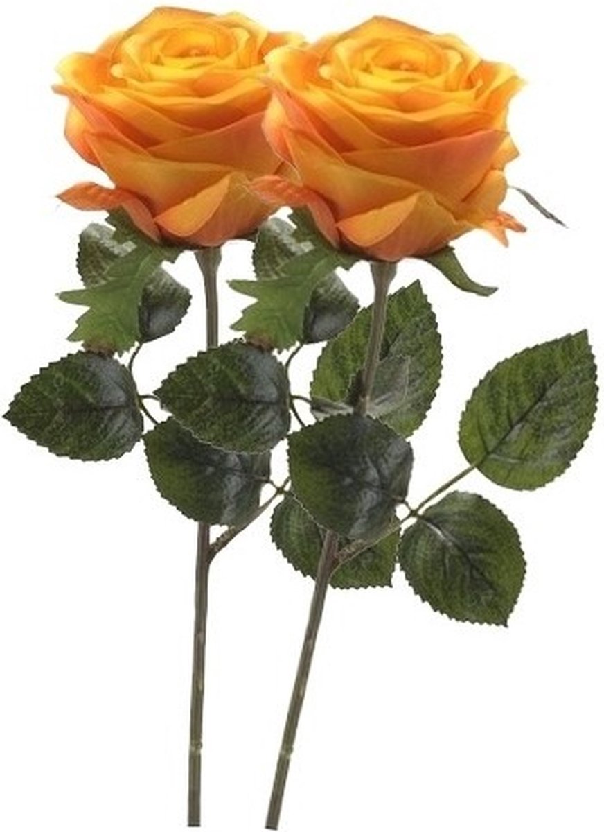 Bellatio Flowers & Plants Emerald Kunstbloem roos Simone - 2x - geel/oranje - 45 cm - decoratie bloemen