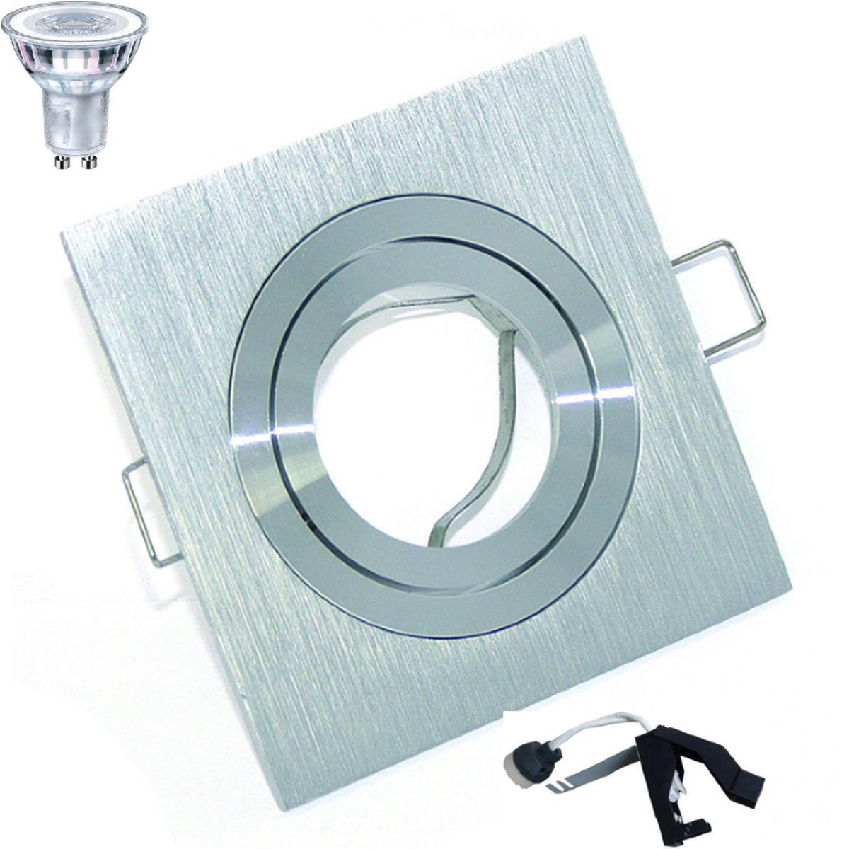 Inbouwspot Led kantelbaar. Rond. Kleur geborsteld aluminium. Met Philips CorePro LEDspot MW Dimbaar GU10 4-35W. 2700K, 250lm. Zeer warm wit licht. Lichtkleur 870. IP20. GU10 fitting. 230V. Boormaat 71-76mm. Buitenm. 95mm. Set van 1 stuk(s).
