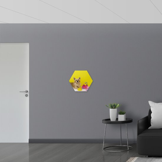 WallClassics - Panneau de mousse PVC hexagonal - Chihuahua avec baignoire rose et canards sur fond jaune - Photo 50 x 43,5 cm sur hexagone (avec système de suspension)
