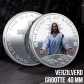 Allernieuwste.nl® Jezus Christus Herdenkingsmunt Geluksmunt Verzilverd Cadeau - Religie Geschenk Idee - Ø 40 mm