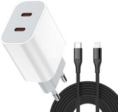 Snellader Adapter + 3 Meter Nylon USB C Kabel geschikt voor Apple iPad, iPhone - USB C Lader - 2 Poorten USB-C