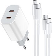 Chargeur USB-C + 2x Câble USB C - 1 Mètre de Câble de Charge Type C - Convient pour Google Pixel, Samsung S22/S23/A53 - Chargeur Rapide - GaN Tech - 2 Portes - Wit