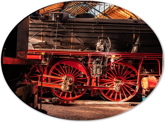 WallClassics - Dibond Ovaal - Zwarte Trein met rode Wielen - 28x21 cm Foto op Ovaal (Met Ophangsysteem)