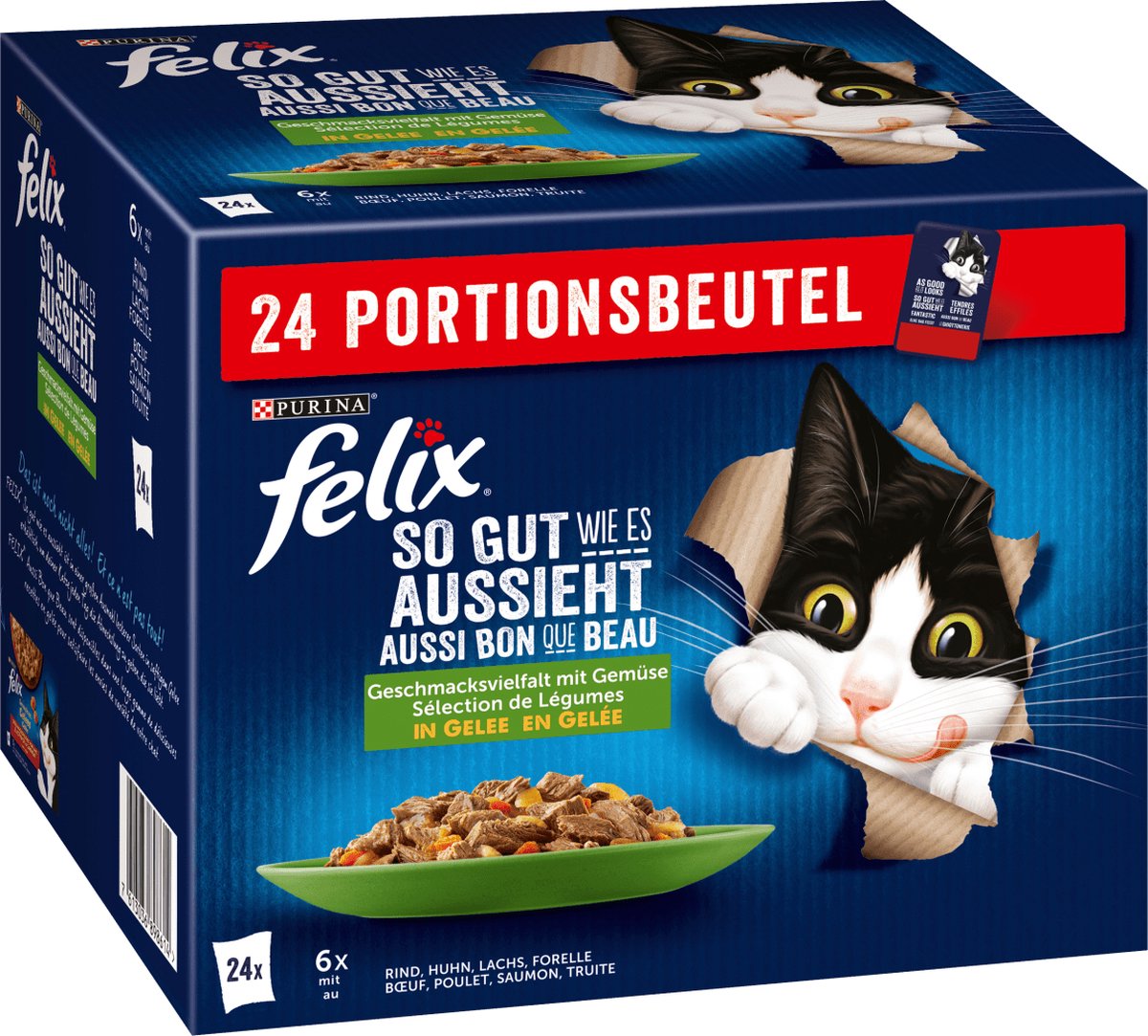 Felix Felix Katten natvoer, gemengde variatie met groenten in gelei, Adult, Multipack (24x85g), 2.04 kg