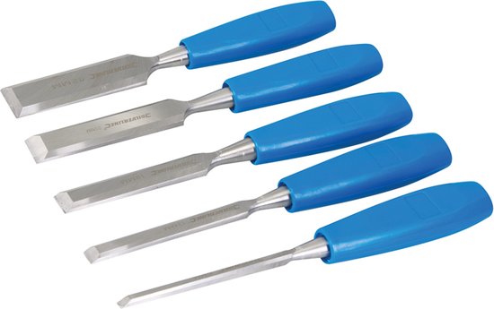 5-delige houtbeitelset van Silverline met blauwe handvatten en metalen bladen.