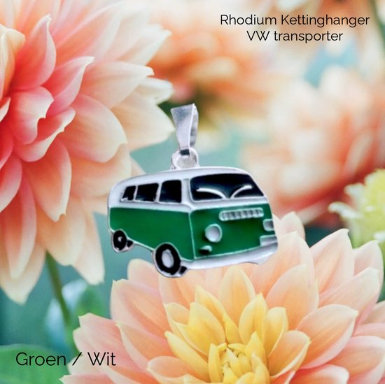 Kettinghanger - Oldtimer - 2x2,4 cm - VW Transporter - Rhodium - Groen Wit - zonder ketting - Casual Verzamelaars