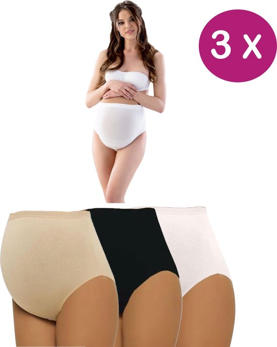 3x Zwangerschapsslip - Naadloos - Hoge taille - Ondersteunend - Corrigerend Dames Ondergoed - Set van 3 stuks - Zwart/Wit/Beige - maat M/L