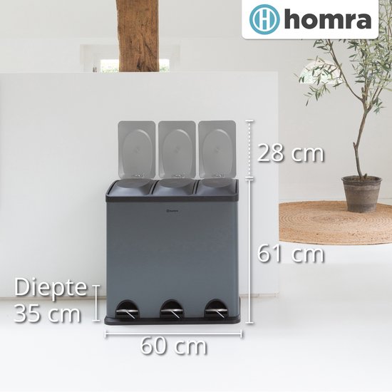 HÜSQ TripleStep Prullenbak 60 Liter - Zwarte Vuilbak met 3 Vakken