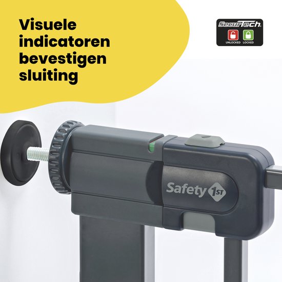 Detail van het donkergrijze traphekje met visuele indicatoren die de sluiting bevestigen (groen is gesloten). Tekst: 'Visuele indicatoren bevestigen sluiting'.