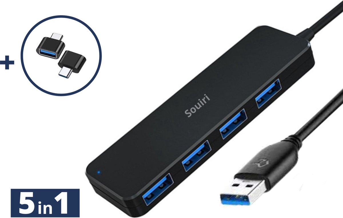 Souiri USB 3.0 Hub - USB Splitter - 4 extra USB 3.0 A Poorten - USB C Hub - Kabel van 60cm - 5 Gbps - Aluminium - Zwart