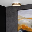 Ronde plafondlamp met messingkleurige ring aan plafond, boven een schilderij.
