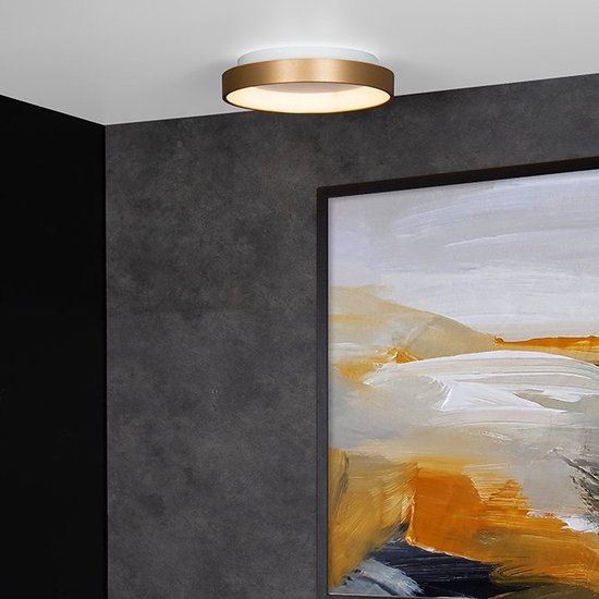 Ronde plafondlamp met messingkleurige ring aan plafond, boven een schilderij.
