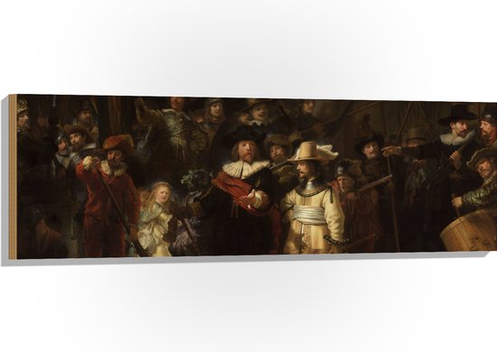 Hout - De Nachtwacht, Rembrandt van Rijn, 1642 - Oude Meesters - 120x40 cm - 9 mm dik - Foto op Hout (Met Ophangsysteem)