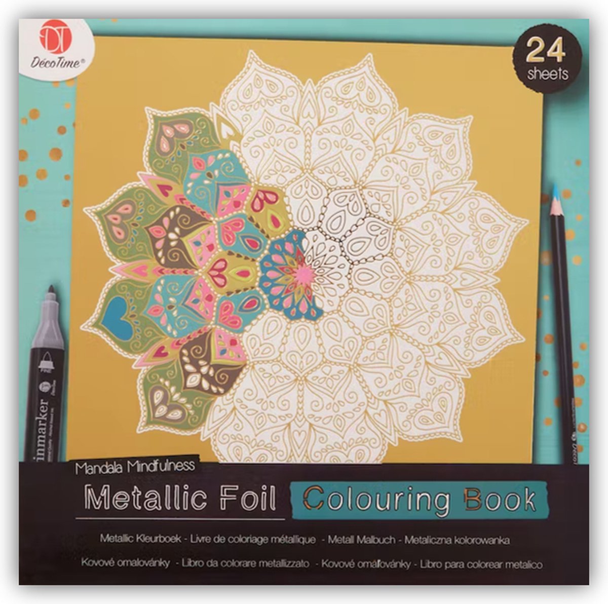 Kleurboek voor volwassen - Deco time - Gouden metallic kleurboek - Metallic Foil Colouring Book - Goud - Kleuren - Tekenen - Mandala Mindfulness - 24 sheets.