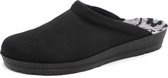 Zwarte pantoffel met wedge zool en decoratieve binnenzool met patroon.