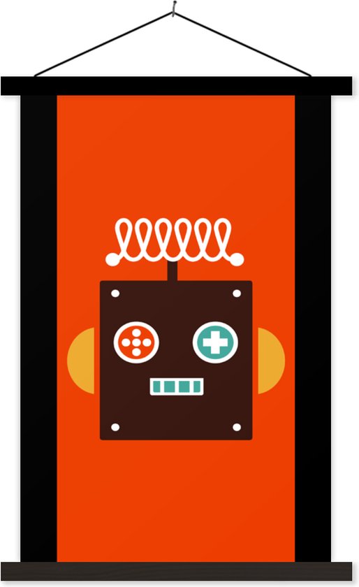 Posterhanger incl. Poster 90x180 cm - Schoolplaat - Robot - Vormen - Gezicht - Oranje - Jongens - Kinderen - Textielposter - Zwarte latten