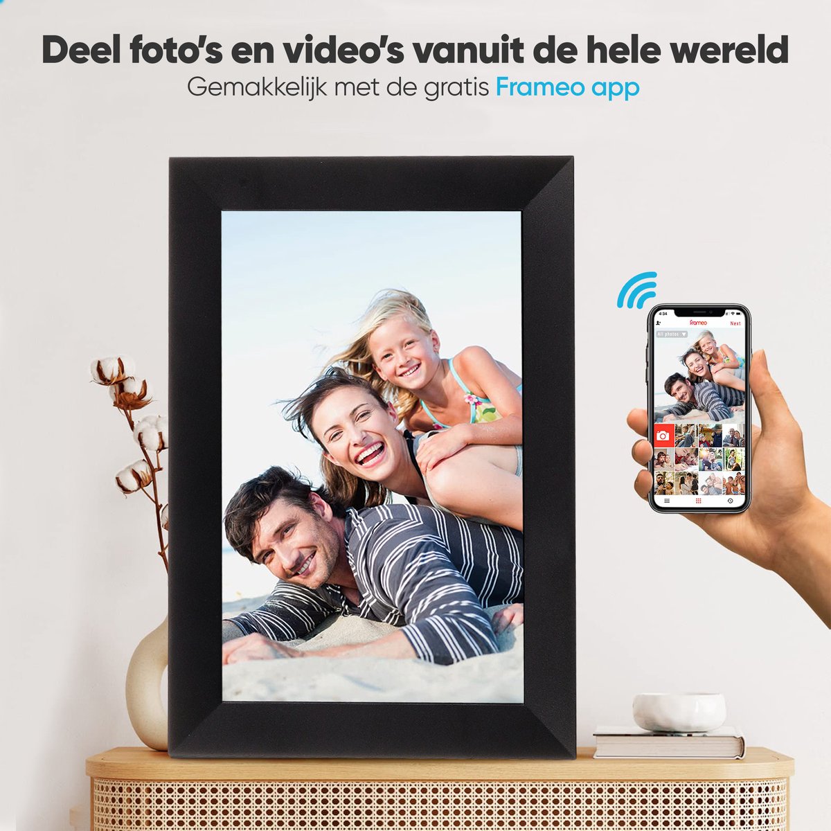 Cadre Photo Numérique Frameo 10,1" WiFi - Écran Tactile HD IPS 16 Go - Partage D'photos Via App - Rotation Auto - Montage Mural