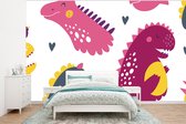 Behang babykamer - Fotobehang Dino - Patronen - Kind - Roze - Meisjes - Breedte 350 cm x hoogte 260 cm - Kinderbehang
