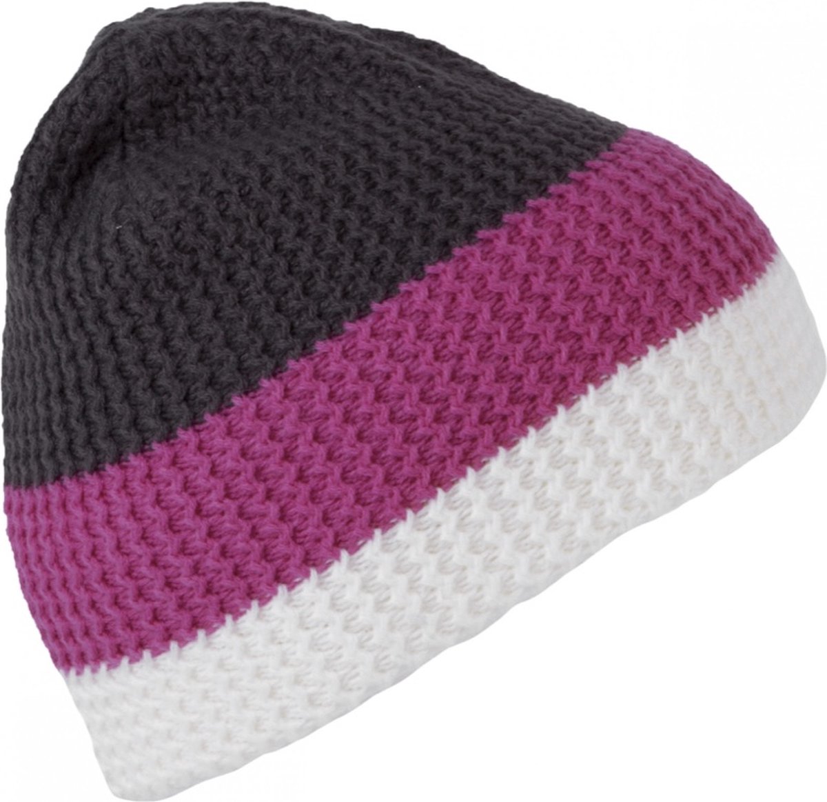 Muts/Beanie met 3 gekleurde stroken, kleuren: Wit/Roze, Grijs (Off White / Magenta / Shale Grey)